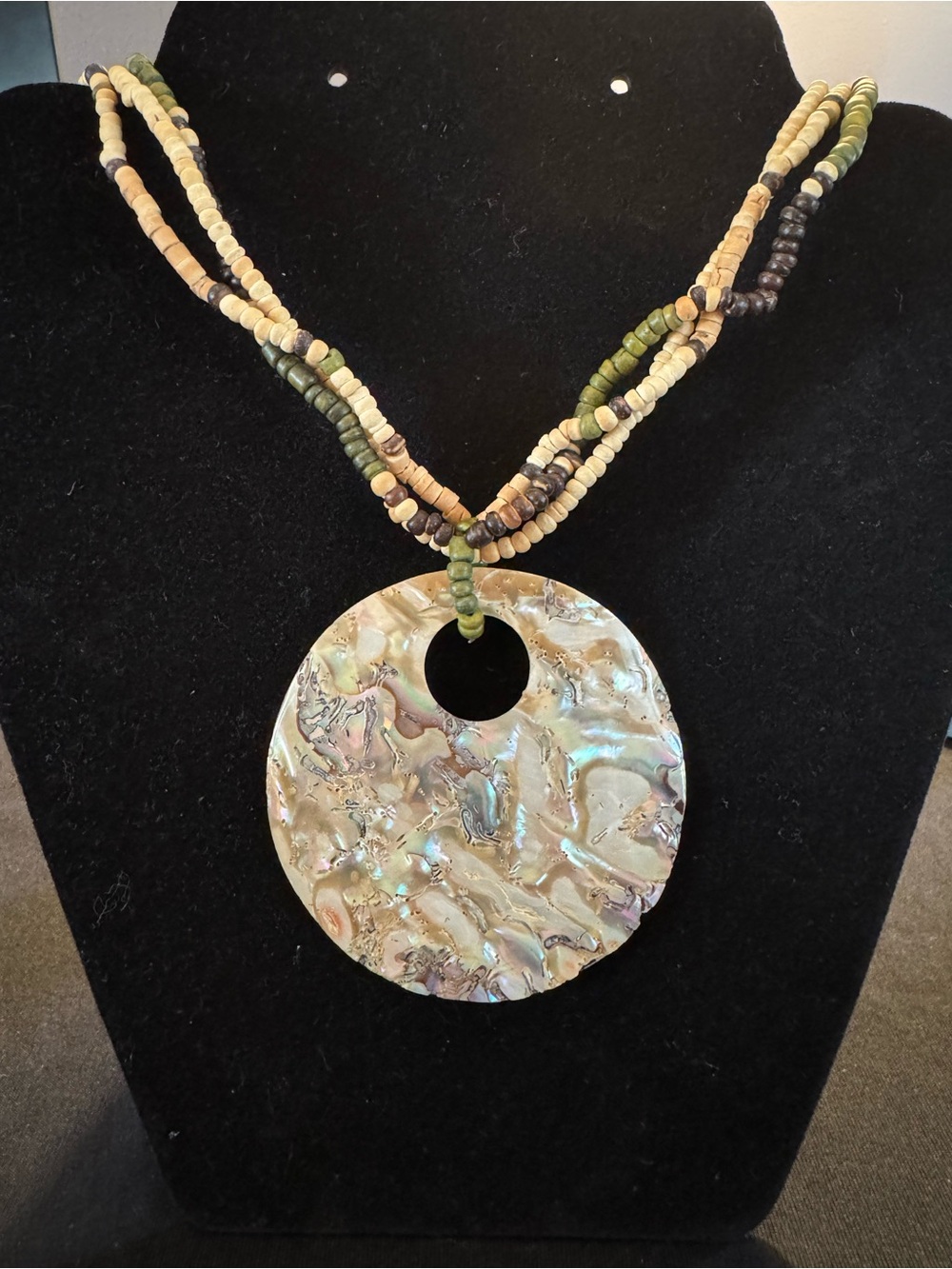 Abalone Pendant Necklace - Multi Strand - Wood Beads - Boho Coastal